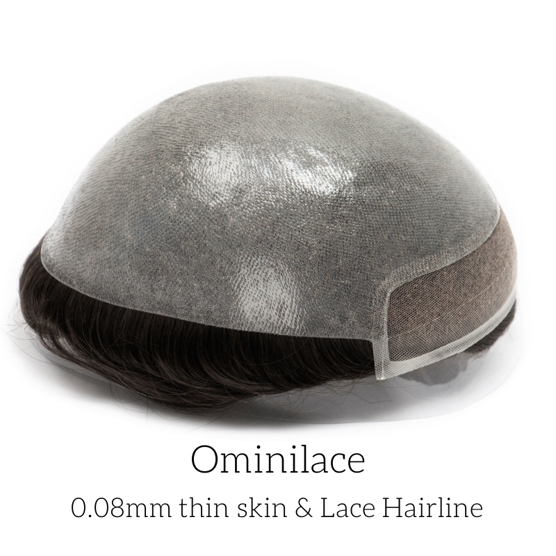 Ominilace:Herren-Haarsystem mit Ominilace-Basis: Unsichtbare Lace-Front, strapazierfähiges PU-Hinterteil.