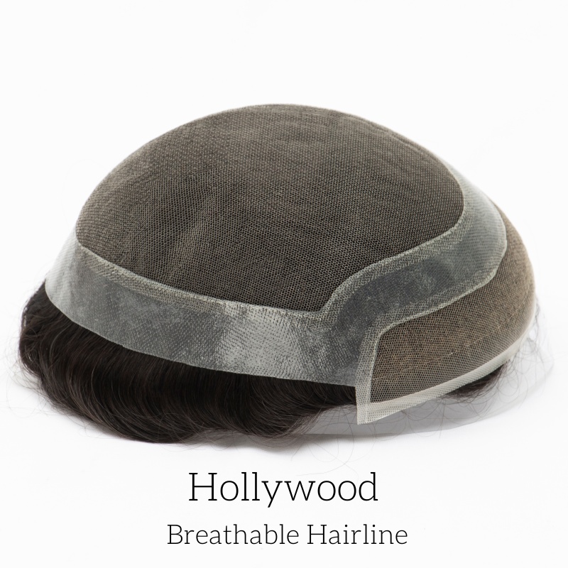 Hollywood-Basis Haarsystem für Herren | Vollständige Spitze in der Mitte mit 1 Zoll (ca. 2,5 cm) dünner Haut rundherum und 1/2 Zoll (ca. 1,3 cm) Spitze vorne | Hollywood-Stil