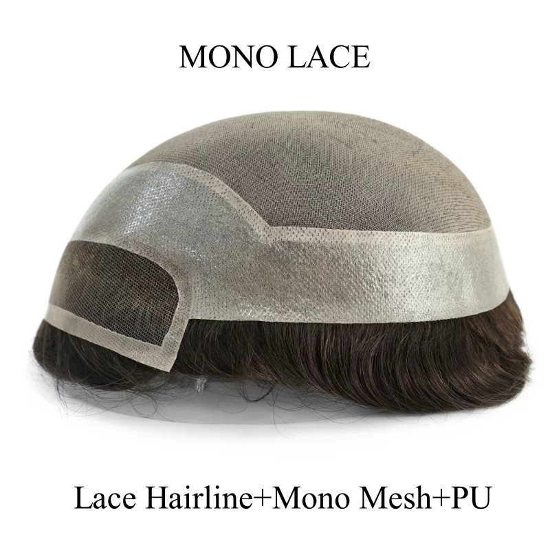 Mono Lace | Französische Spitze + Mono-Mesh-Krone + PU | Herrentoupet | Atmungsaktive Spitzen-Haaransatz-Perücke | Natürlicher Haaransatz | Echthaar-System-Toupet